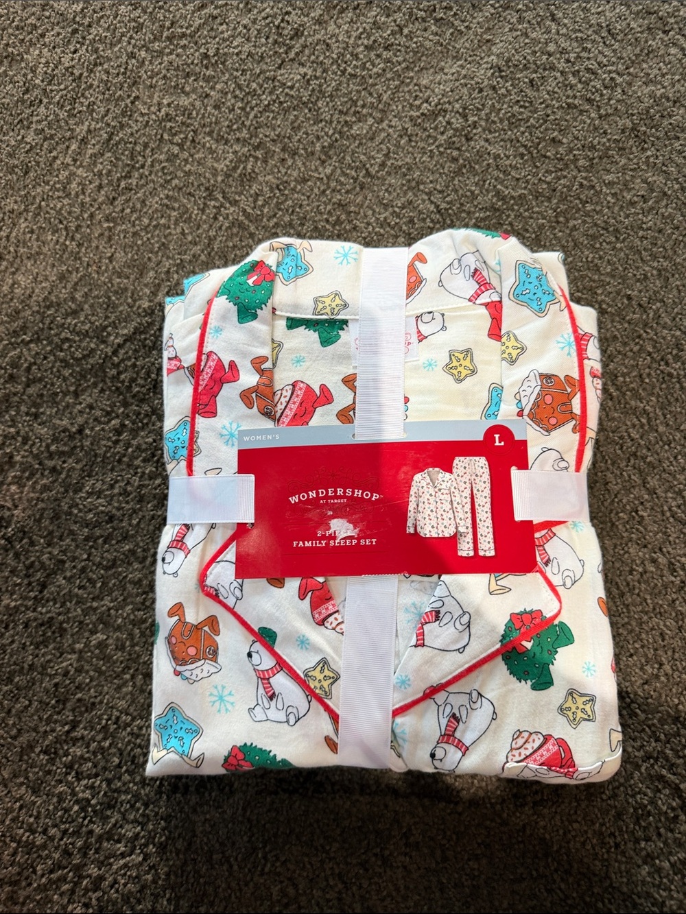 Wondershop Women's White Holiday Print Pajama Set with Red Trim Sz lg